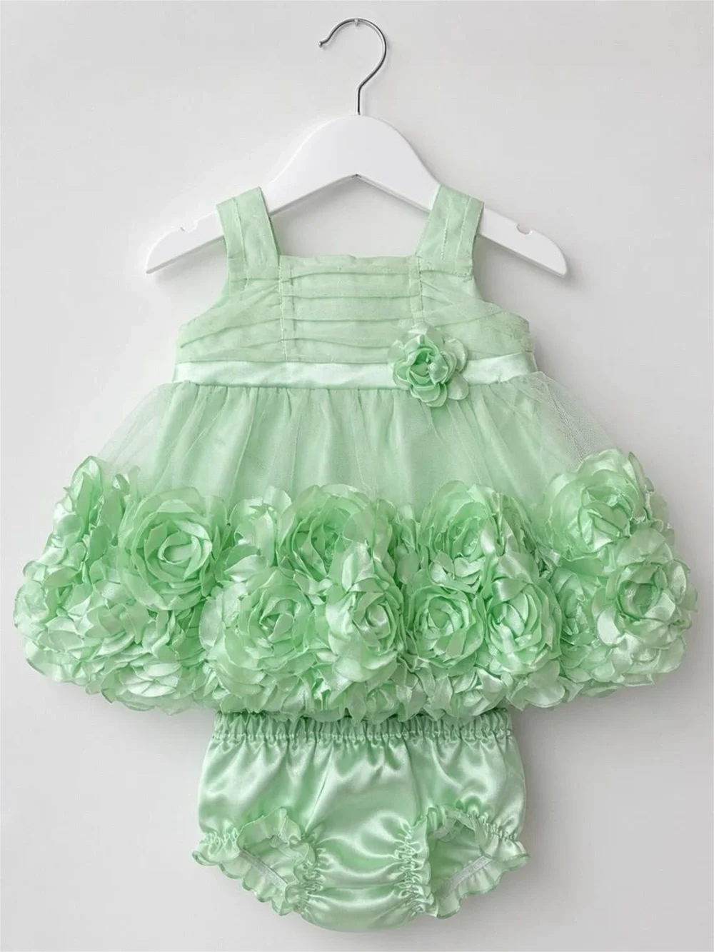 Nannette Baby Girl 0-3M Mint Green Rosette Tulle Dress Bloomers 2pc EUC